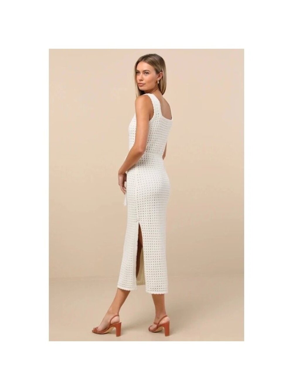 NWT Lulus Sunshine Babe Ivory Knit Crochet Midi Sweater Dress Retro Chic Large - Picture 2 of 16